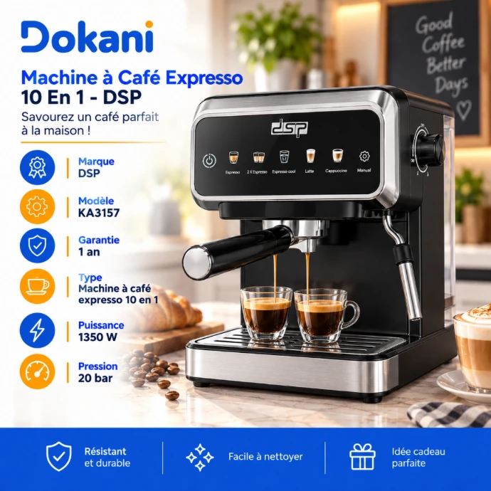 Machine à café expresso DSP KA3157 10 en 1 20 bars 1350W avec panneau tactile et réservoir à lait