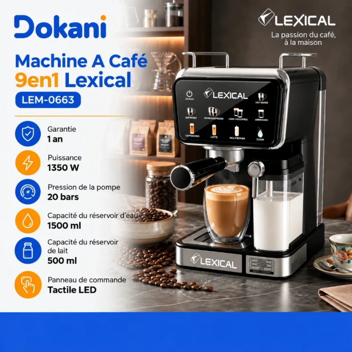 Machine à café Lexical LEM-0663 9 en 1 20 bars 1350W avec écran tactile et réservoir à lait