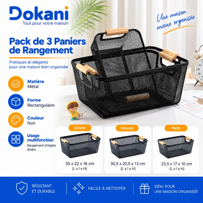 Pack de 3 Paniers de Rangement en Métal - Noir