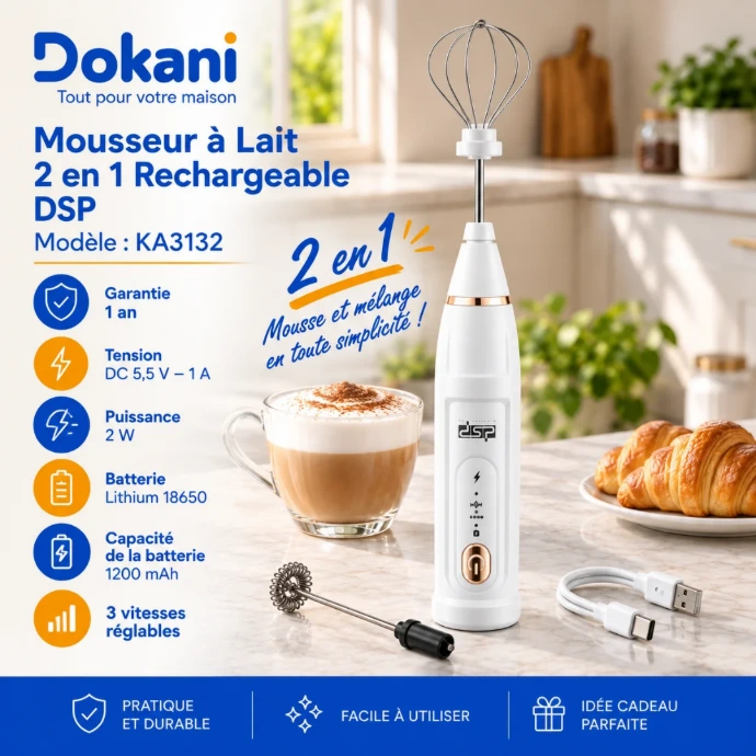 Mousseur à lait rechargeable DSP KA3132 blanc 2 en 1 avec 3 vitesses et deux fouets inox