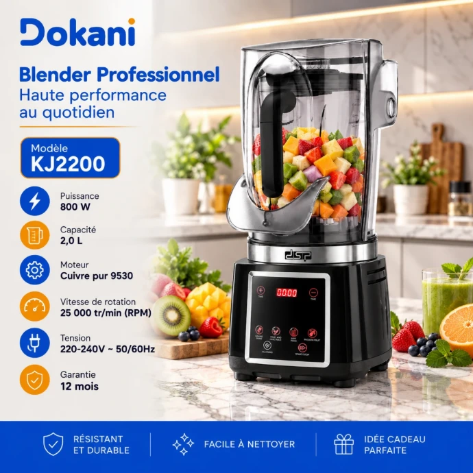 Blender DSP KJ2200 noir 2 L 800W avec 6 lames inox, boîtier acoustique et moteur 25 000 RPM