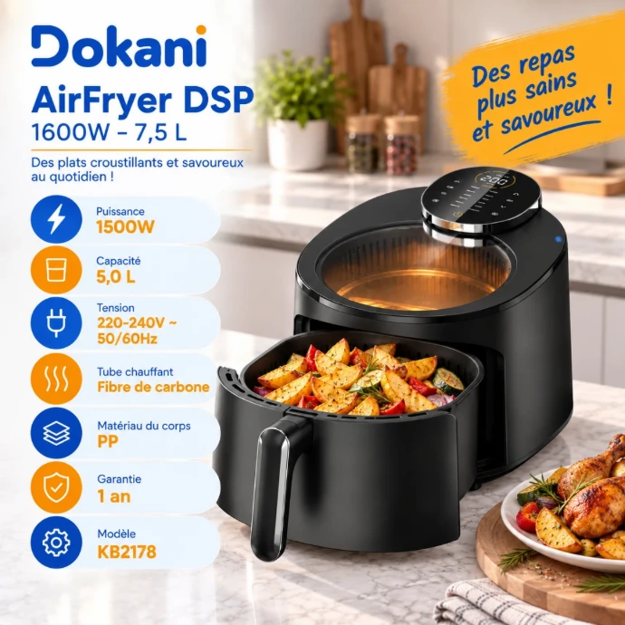AirFryer DSP KB2178 5 L 1500W avec 12 menus, écran tactile et fenêtre de cuisson