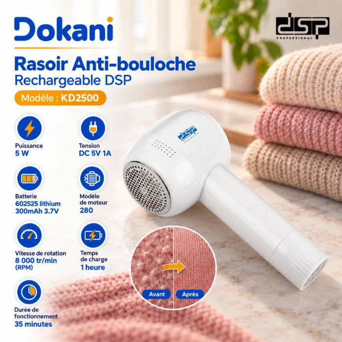 Rasoir anti-bouloche rechargeable DSP KD2500 blanc 5W avec 6 lames et câble Type-C