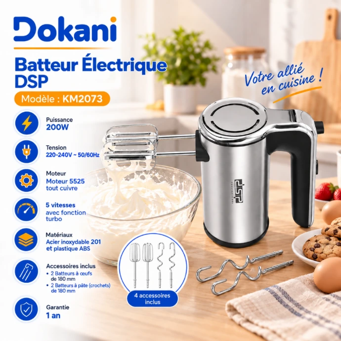 Batteur électrique DSP KM2073 gris 200W avec 5 vitesses Turbo, 2 fouets et 2 crochets pétrisseurs