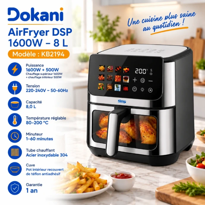 AirFryer DSP KB2194 8 L avec double chauffage 1600W plus 500W, 12 menus tactiles et fenêtre de cuisson