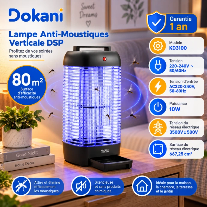 Lampe anti-moustiques électrique DSP KD3100 10W UV 365 nm avec grille haute tension et couverture 80 m²