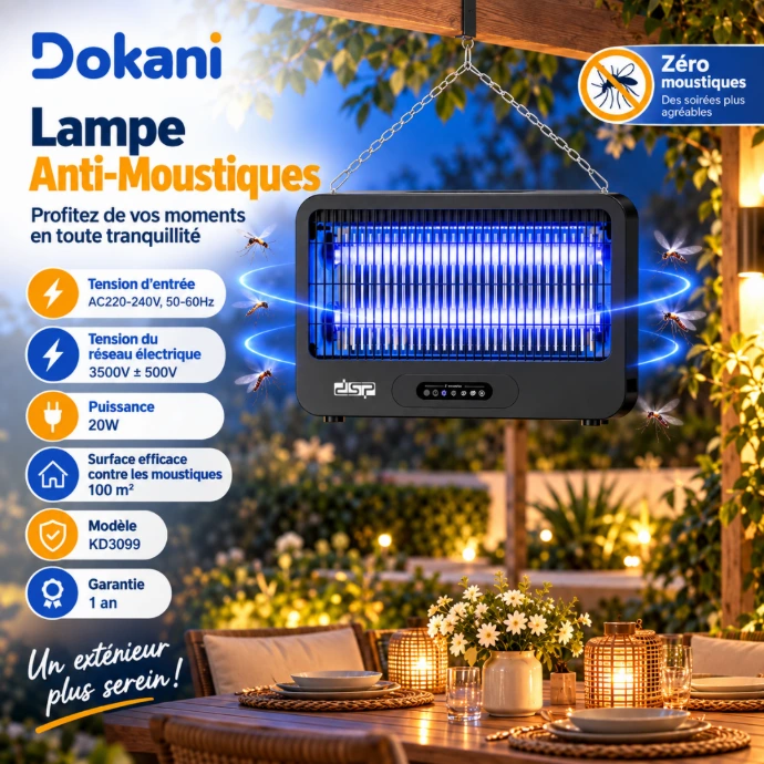 Lampe anti-moustiques électrique DSP KD3099 20W avec double UV 365 nm, télécommande et couverture 100 m²