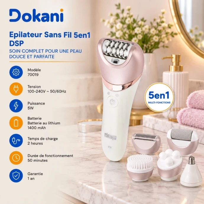 Epilateur sans fil DSP 70019 5 en 1 5W avec 4 têtes interchangeables et batterie 1400 mAh