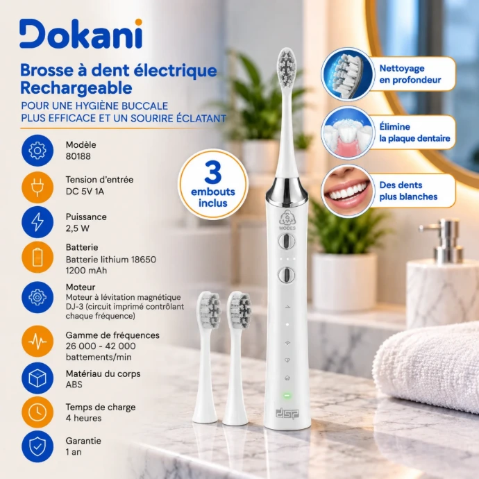 Brosse à dents électrique rechargeable DSP 80188 blanche avec 5 modes, 3 vitesses, IPX7 et 2 têtes