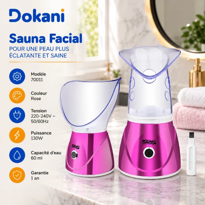 Sauna facial vapeur DSP 70011 rose 130W avec diffuseur facial, embout nasal et réservoir 60 ml