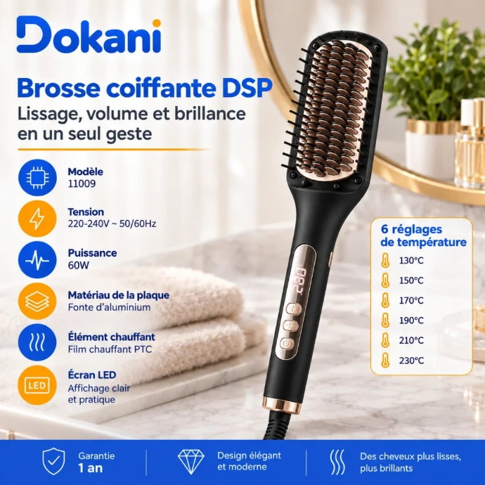 Brosse lissante chauffante DSP 11009 Noir 60W avec écran LED et 6 températures jusqu’à 230°C