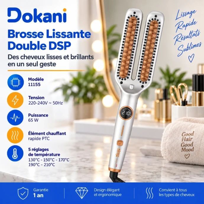 Brosse lissante double DSP 11155 grise 65W avec revêtement céramique, écran LED et 5 températures jusqu’à 210°C