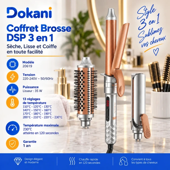 Coffret coiffure DSP 20619 3 en 1 avec lisseur, fer à boucler et brosse bouclante jusqu’à 230°C