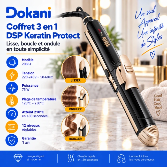 Boucleur cheveux DSP 20861 4 en 1 75W avec tube céramique 36 mm, écran LED et 12 températures jusqu’à 230°C