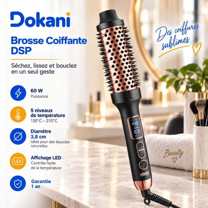 Brosse coiffante chauffante DSP 20006 60W 2 en 1 avec écran LED, tube 38 mm et 5 températures jusqu’à 210°C