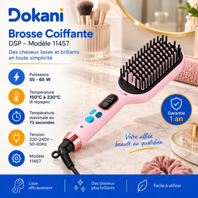 Brosse lissante chauffante DSP 11457 65W avec écran LCD, 6 températures jusqu’à 230°C et chauffe rapide PTC