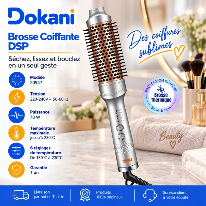 Brosse coiffante chauffante DSP 20947 78W avec cylindre 38 mm, 5 températures jusqu’à 200°C et contrôle NTC