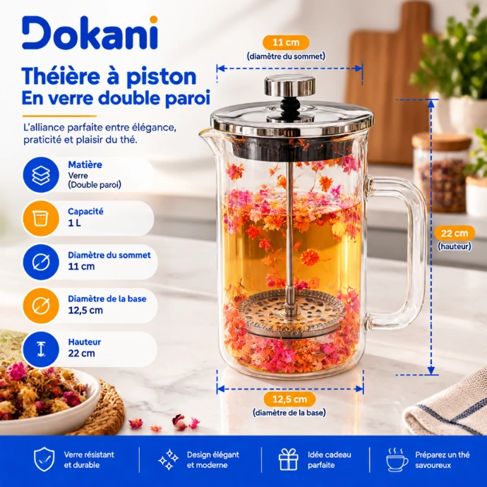 Théière à infusion en verre double paroi 1 L avec filtre intégré et pétales décoratifs mobiles - Dokani Tunisie