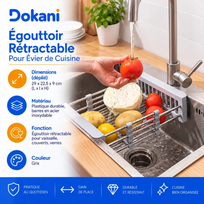 Égouttoir à vaisselle rétractable gris 29 × 22,5 cm avec barres en acier inoxydable pour verres et couverts