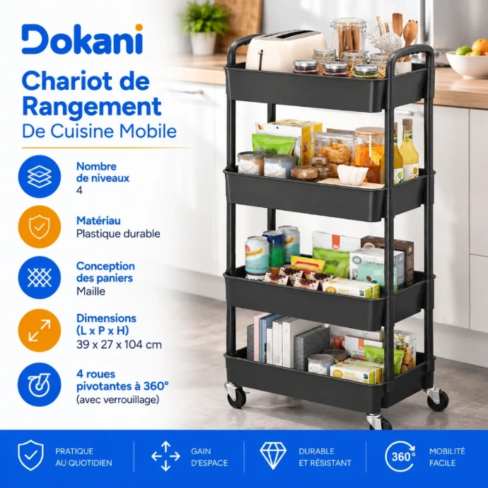 Chariot de rangement cuisine noir 4 niveaux avec paniers aérés et 4 roues pivotantes 360°