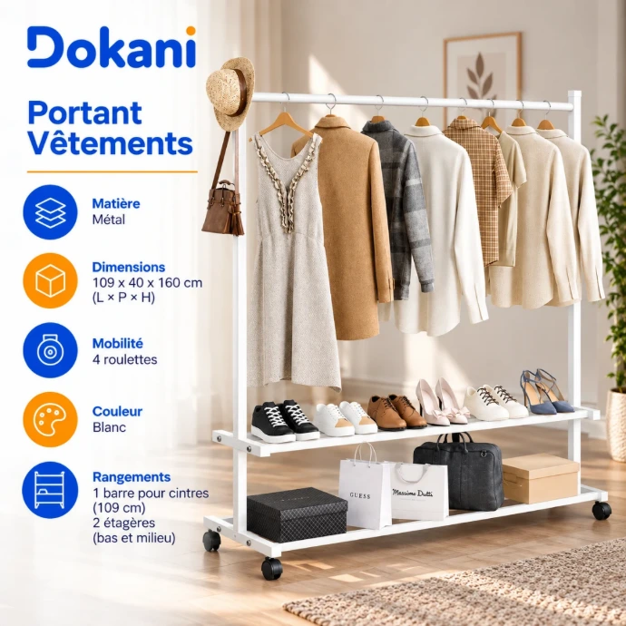Portant à vêtements mobile blanc 109 cm avec barre penderie, 2 étagères, crochet et 4 roulettes