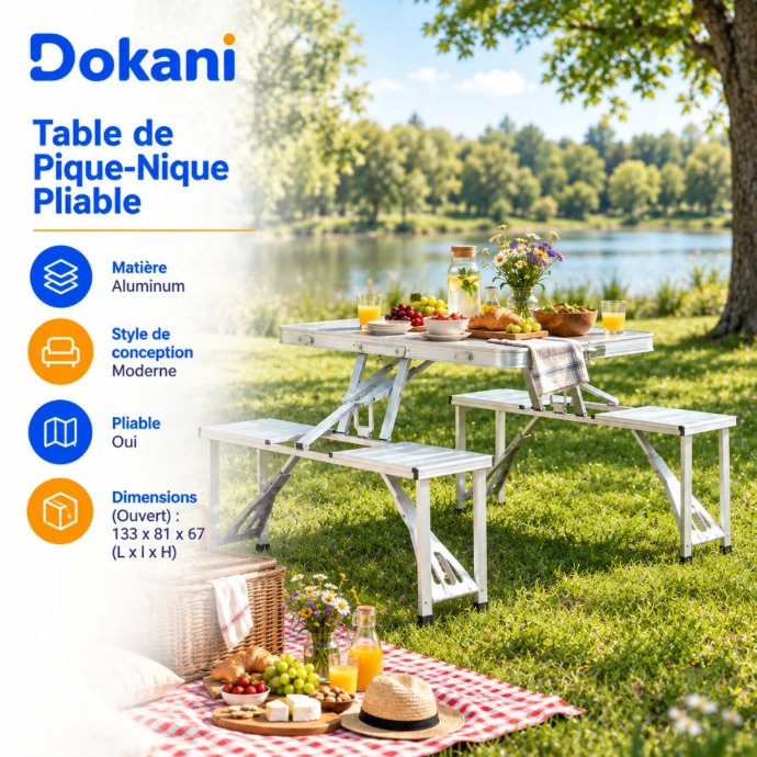 Table pliante en aluminium avec 4 chaises intégrées et trou pour parasol pour camping et pique-nique