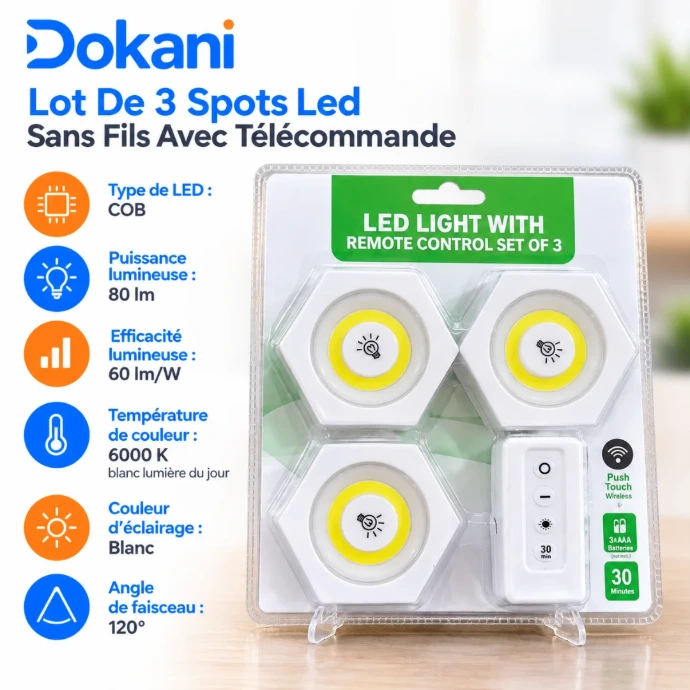 Lot de 3 spots LED COB sans fil hexagonaux blancs 6000K 80 lm avec télécommande et modes SOS