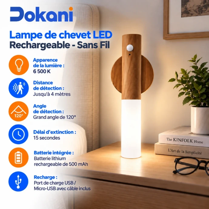 Lampe LED rechargeable sans fil 300 lumens avec détecteur de mouvement, batterie 500 mAh et fixation magnétique 3M