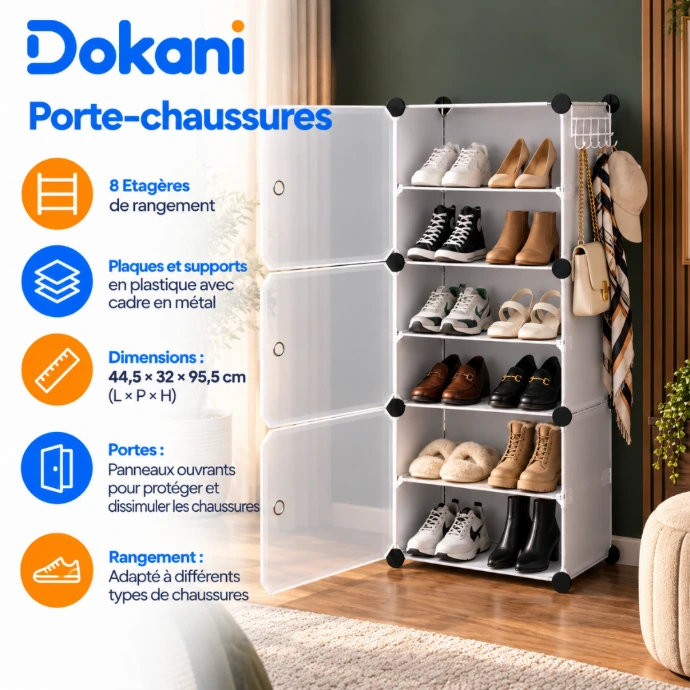 Porte-chaussures blanc 8 étagères avec panneaux ouvrants, cadre métal et compartiments en plastique
