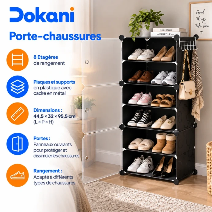 Porte-chaussures blanc 8 étagères avec panneaux ouvrants, cadre métal et compartiments en plastique