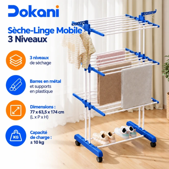 Séchoir à linge mobile TW116 3 niveaux 174 cm avec roulettes et supports latéraux pour cintres