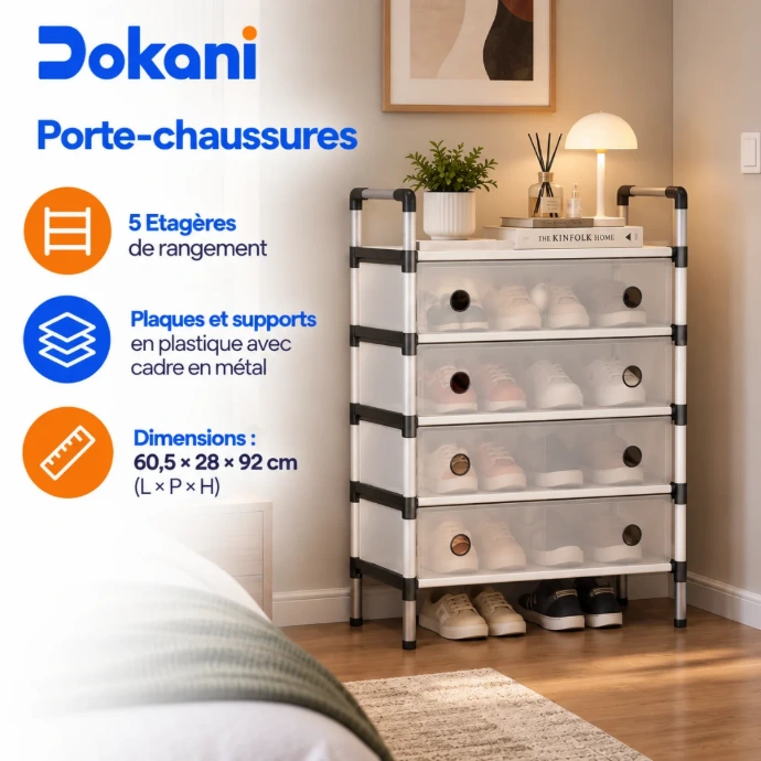 Porte-chaussures transparent 5 étagères 60,5 × 28 × 92 cm avec panneaux ouvrants et cadre métallique