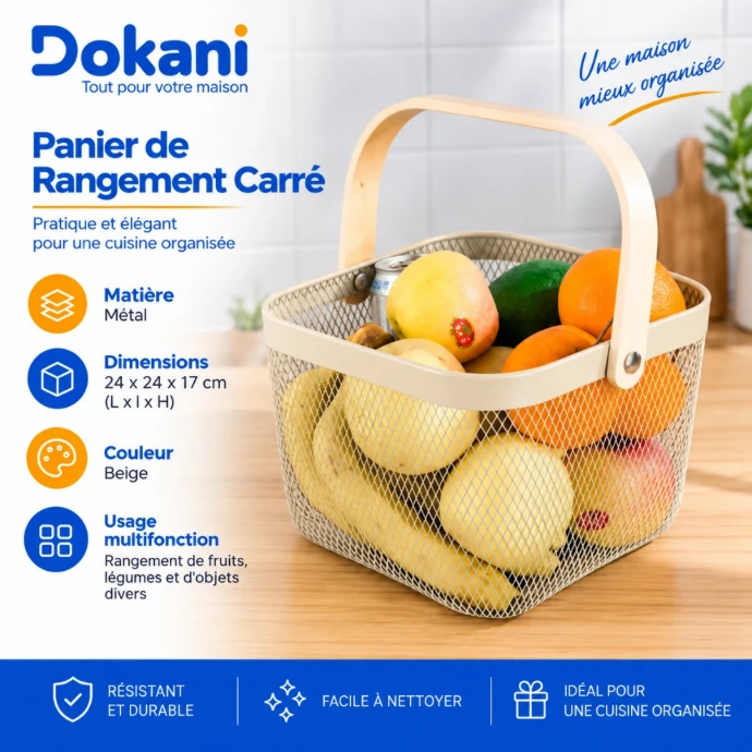 Panier de Rangement Carré en Métal-Beige