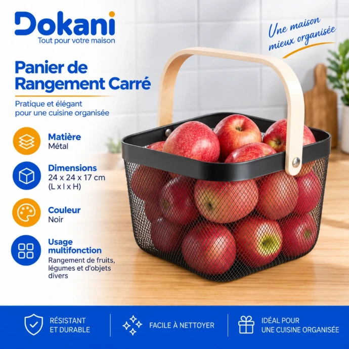 Panier de Rangement Carré en Métal-Noir