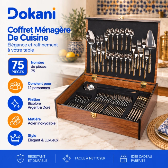 Coffret ménagère Golden House Modèle 3 de 75 pièces en acier inoxydable finition argent et doré pour 12 personnes