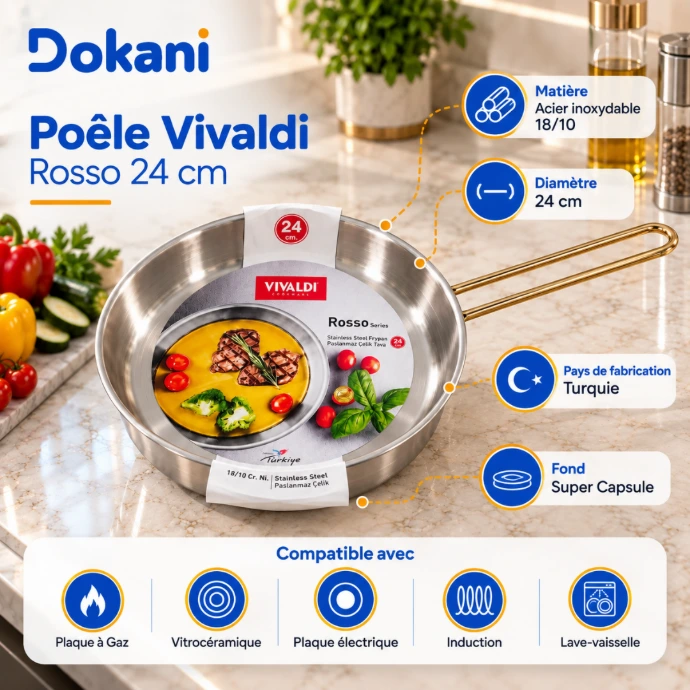 Poêle Vivaldi Rosso 24 cm en acier inoxydable 18/10 avec fond Super Capsule et manche doré compatible induction