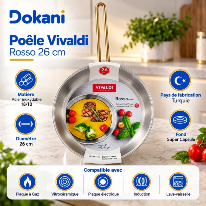 Poêle Vivaldi Rosso 26 cm en acier inoxydable 18/10 avec fond Super Capsule et manche doré compatible induction