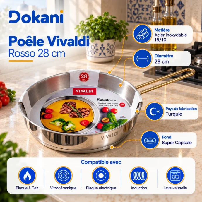 Poêle Vivaldi Rosso 28 cm en acier inoxydable 18/10 avec fond Super Capsule et manche doré compatible induction