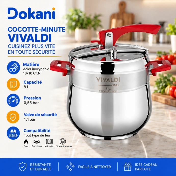 Cocotte-minute Vivaldi Orkide 8 L en inox 18/10 avec fond Super Capsule et poignées en bakélite compatible induction
