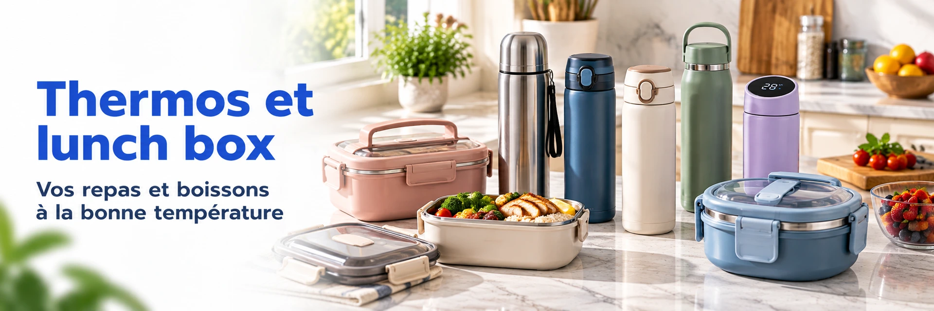 Bouteilles, thermos et lunch box de formats variés pour repas et boissons à emporter.
