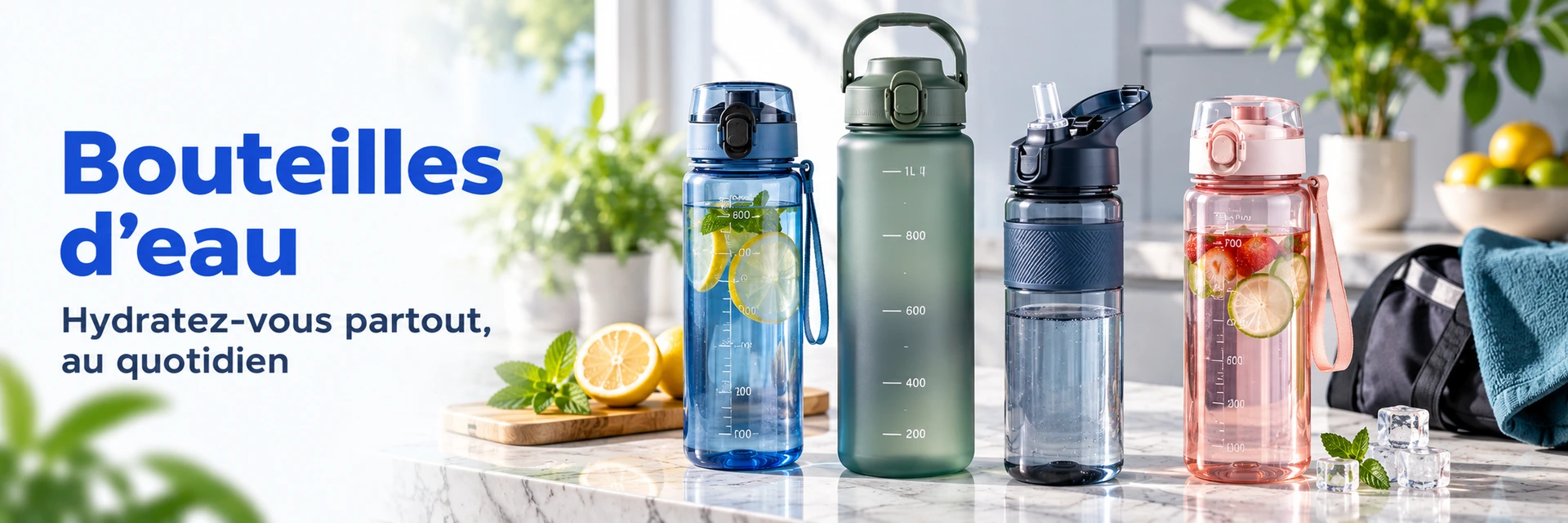 Trois bouteilles d’eau réutilisables avec citron, menthe et eau fraîche.