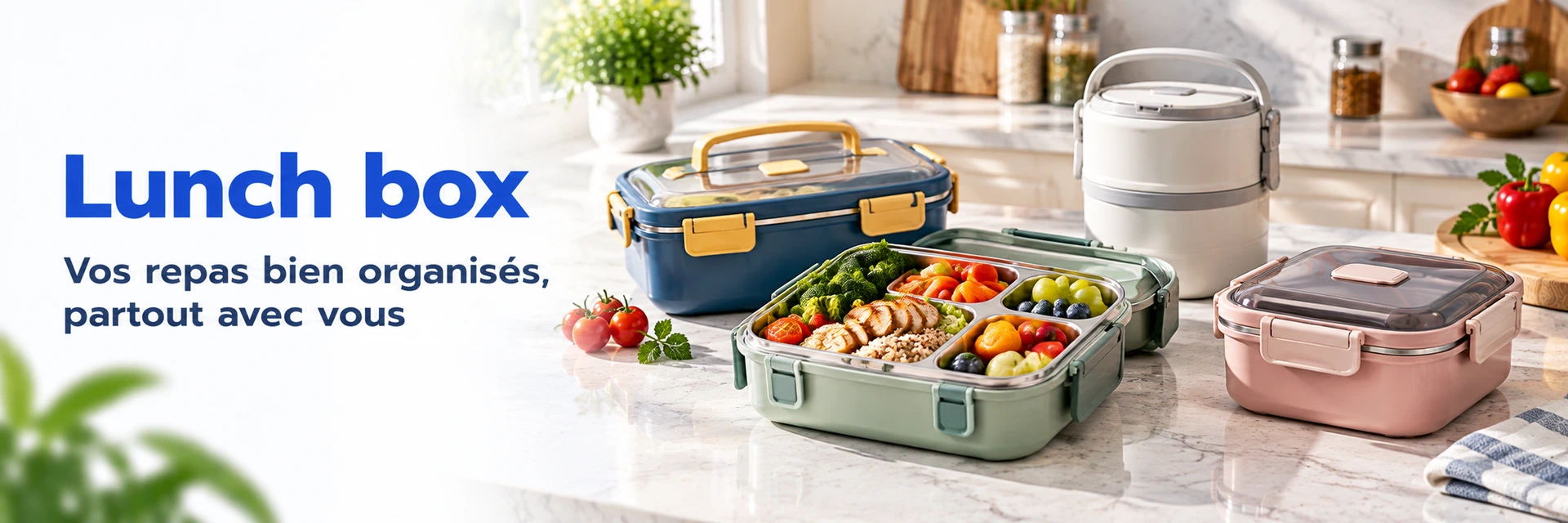 Quatre lunch box compartimentées avec repas équilibrés et collations.