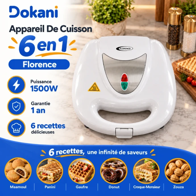Appareil de cuisson Florence HK411 6 en 1 blanc 1500W avec plaques pour Zouza Panini Gaufre Donut Maamoul et Croque-Monsieur