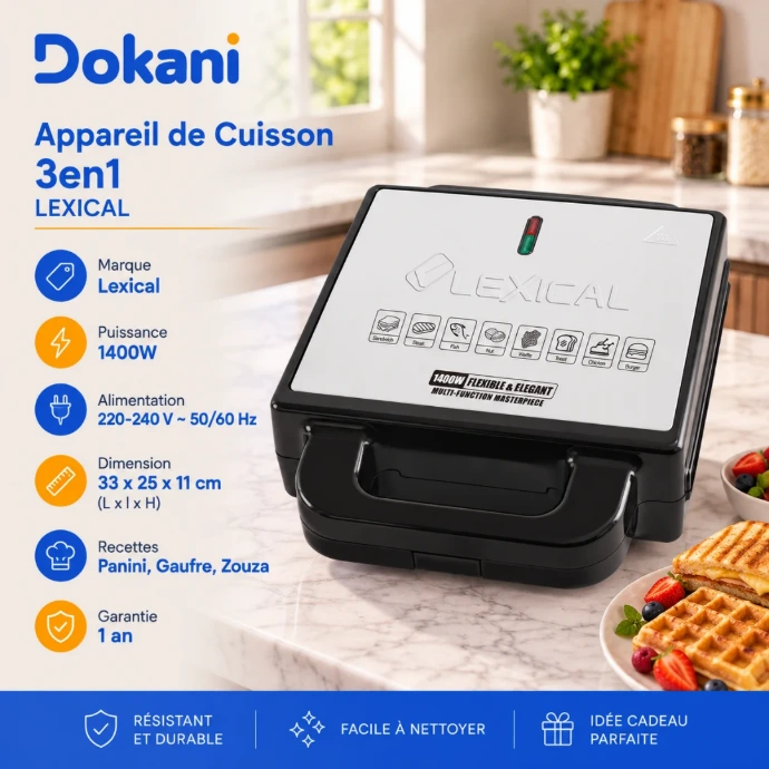 Appareil de cuisson Lexical 3 en 1 1400W avec plaques amovibles granit pour Zouza Panini et Gaufre
