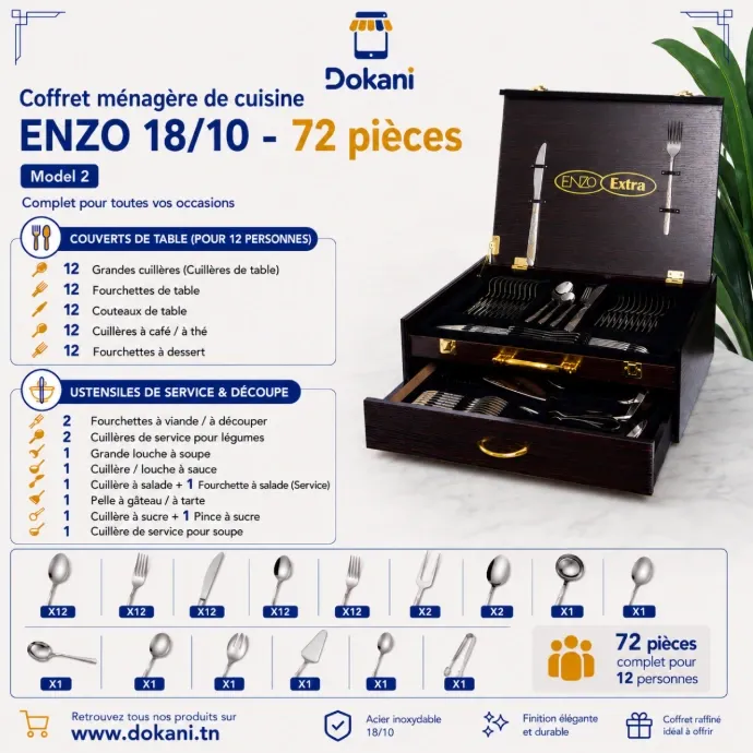Coffret ménagère ENZO Modèle 2 de 72 pièces en inox 18/10 finition argent pour 12 personnes