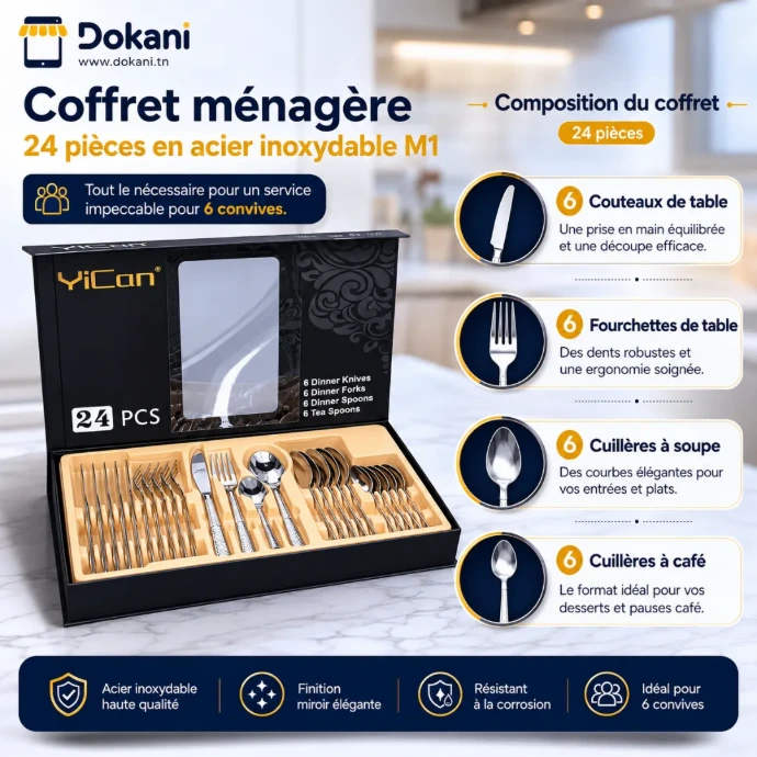Coffret ménagère M1 24 pièces en acier inoxydable argent avec motifs dorés pour 6 personnes