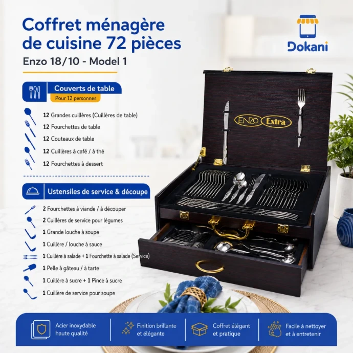 Coffret ménagère ENZO 72 pièces en inox 18/10 finition argent avec couverts et ustensiles de service pour 12 personnes