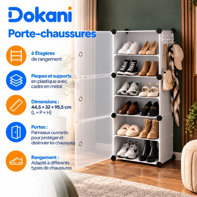 Porte-chaussures blanc 6 étagères avec panneaux ouvrants, cadre métal et compartiments en plastique