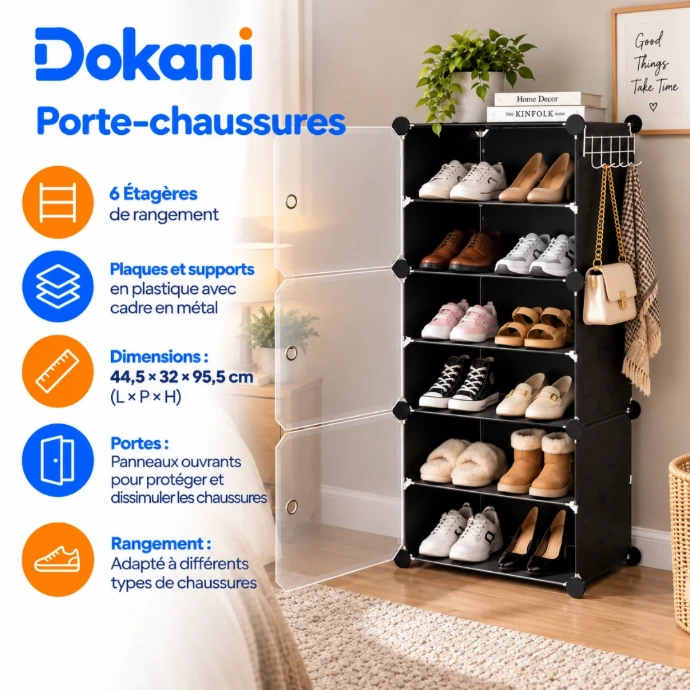 Porte-chaussures Noir 6 étagères avec panneaux ouvrants, cadre métal et compartiments en plastique