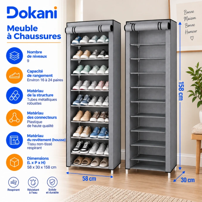 Meuble à chaussures Gris 9 niveaux 58 × 30 × 158 cm avec housse zippée et capacité jusqu’à 24 paires